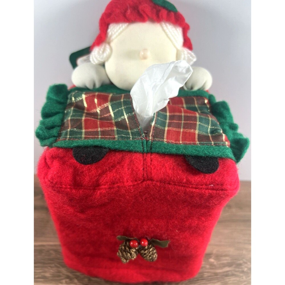 Vintage Sleeping Mrs Claus Tissue Box Cover Red Plaid Holly Leaves